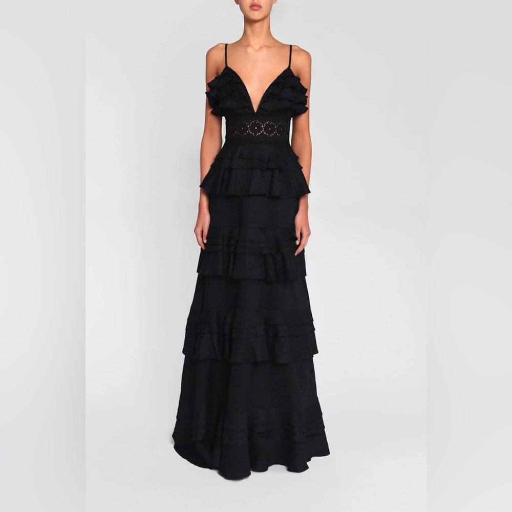 NWT True Decadence Black Plunge Front Tiered Ruffle Maxi Dress linen size US 10